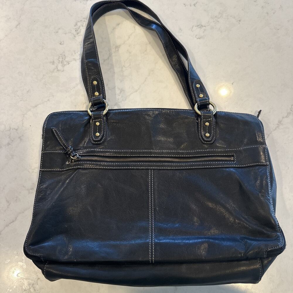Tignanello Women’s‎ Black Leather Stitched Messenger Bag Purse Briefcase